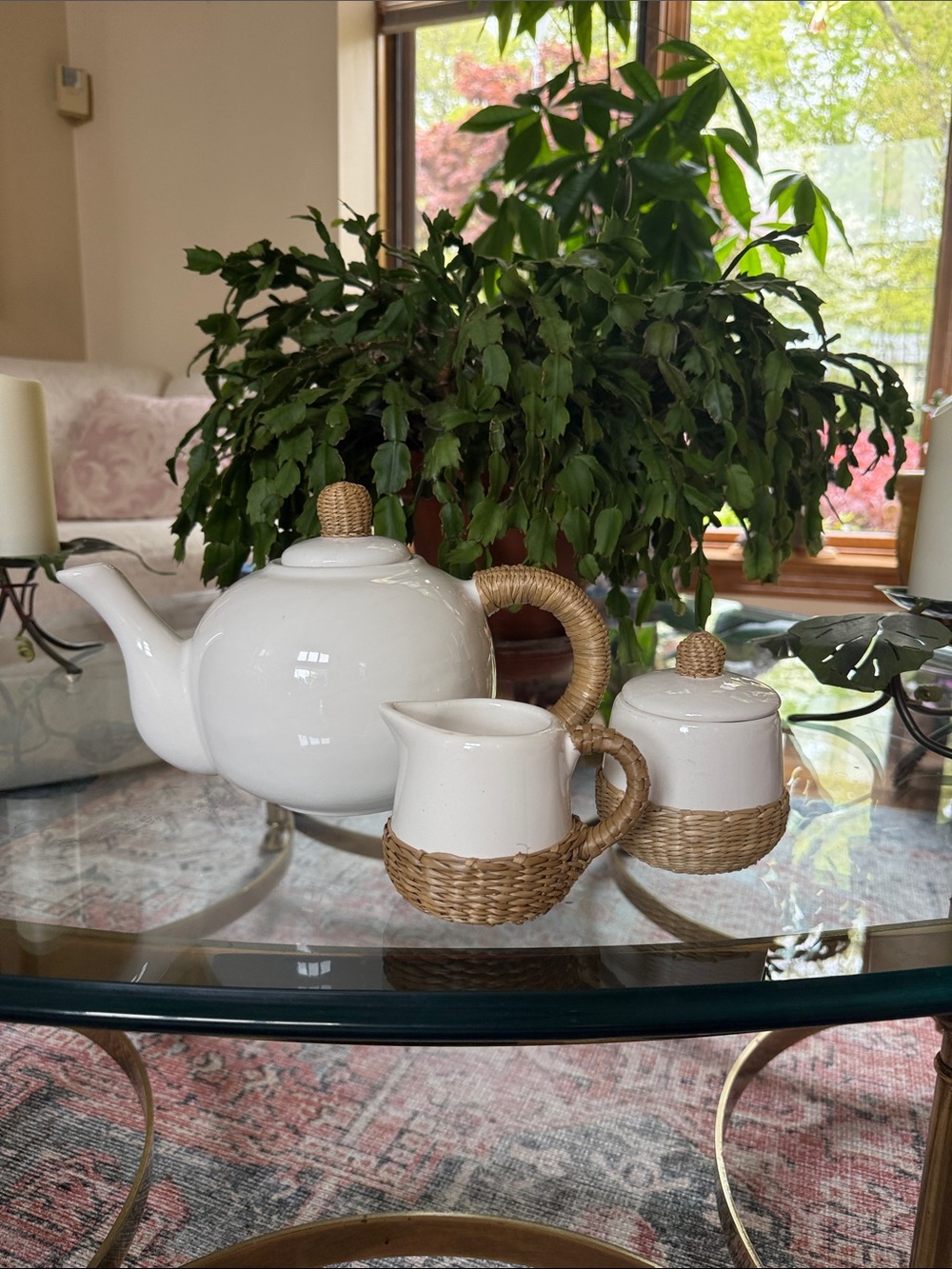 White Ceramic Tea Set with Woven Rattan Accents